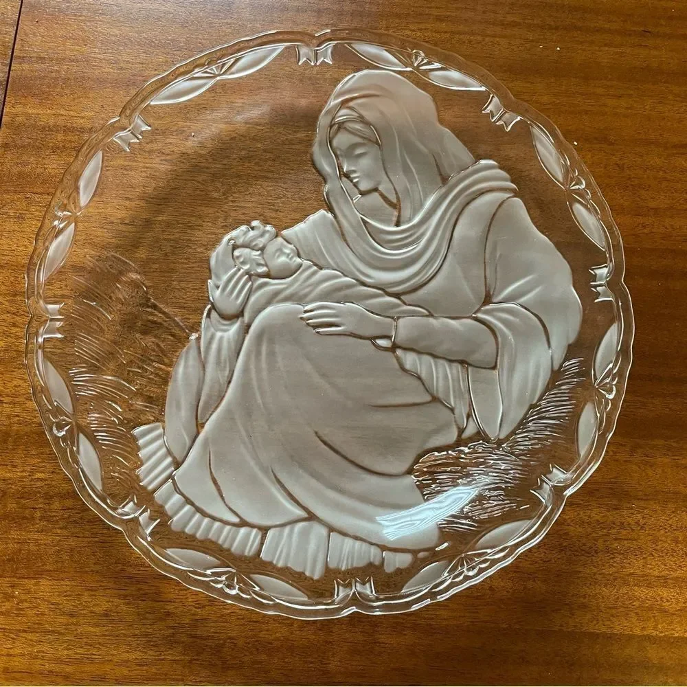 NIB MIKASA Madonna And Child Glass Frosted Serving Platter 15” Religious Holiday